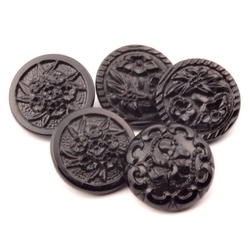 5 vintage Czech Art Deco style black flower glass buttons 18mm