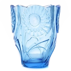 Large Art Deco Sapphire blue geometric sunflowers Czech glass vase