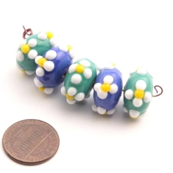 Lampwork glass beads lot (5) 18mm Czech floral overlay blue green rondelle wedding cake
