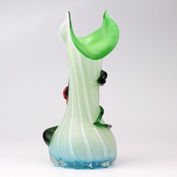 Antique Bohemian Harrach milk glass cased green red floral art glass vase