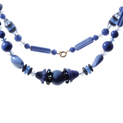 Vintage necklace Czech crystal clear black blue vitrail molded faceted flower glass beads
