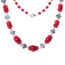 Vintage necklace Czech red white round flower gray satin bicone marble glass beads