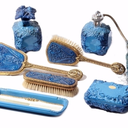 Czech Deco Curt Schlevogt signed blue Lapis glass Ingrid dressing table set