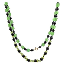 Vintage Czech necklace black frost green arc green flower glass beads