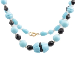 Vintage Czech necklace black bicone blue flower glass beads