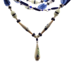 Vintage Czech necklace satin blue marble Uranium flower cap millefiori lampwork glass beads