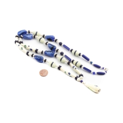 Vintage Czech necklace satin blue marble Uranium flower cap millefiori lampwork glass beads