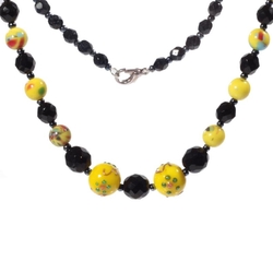 Vintage necklace Czech black faceted, lampwork yellow marble floral overlay wedding cake glass beads