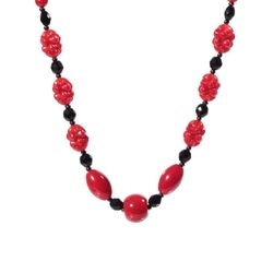 Vintage necklace black red round oval interlocking rondelle flower Czech glass beads