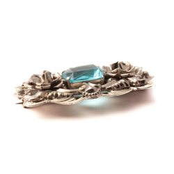 Vintage Art Deco Czech aqua blue glass rhinestone floral filigree silver pin brooch