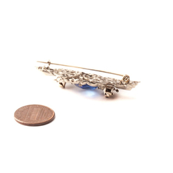 Vintage Art Deco Czech blue square glass rhinestone floral filigree silver pin brooch