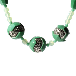 Vintage Art Deco necklace Czech silver lustre green carved flower glass beads