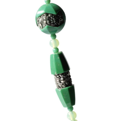 Vintage Art Deco necklace Czech silver lustre green carved flower glass beads