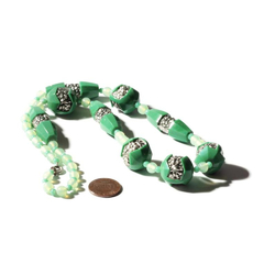 Vintage Art Deco necklace Czech silver lustre green carved flower glass beads