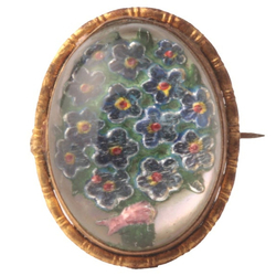 Antique Czech intaglio painted mirrored floral bouquet paperweight glass pin brooch