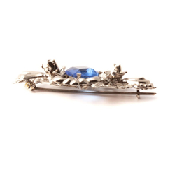 Vintage Art Deco Czech blue square glass rhinestone floral filigree silver pin brooch