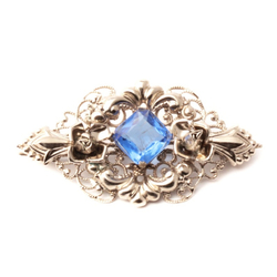 Vintage Art Deco Czech blue square glass rhinestone floral filigree silver pin brooch