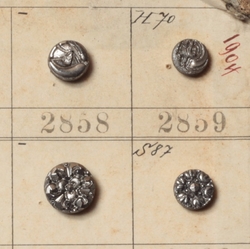 1904 Sample card (150) Czech antique black floral and geometric dimi glass buttons
