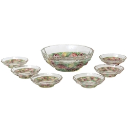 Rare intaglio rose floral and cherub glass dessert fruit bowl set designed by Adolf Beckert for Heinrich Hoffmann 1927