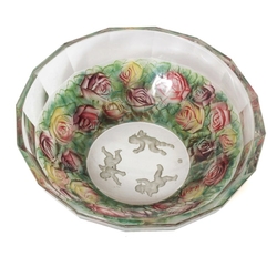 Rare intaglio rose floral and cherub glass dessert fruit bowl set designed by Adolf Beckert for Heinrich Hoffmann 1927