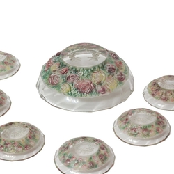 Rare intaglio rose floral and cherub glass dessert fruit bowl set designed by Adolf Beckert for Heinrich Hoffmann 1927