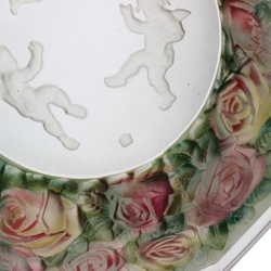 Rare intaglio rose floral and cherub glass dessert fruit bowl set designed by Adolf Beckert for Heinrich Hoffmann 1927