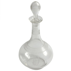 Antique Art Nouveau glass wine decanter; Czech Greek key Egyptian revival crystal with monogram