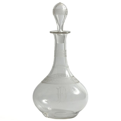 Antique Art Nouveau glass wine decanter; Czech Greek key Egyptian revival crystal with monogram