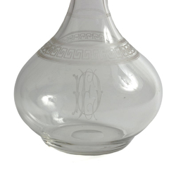 Antique Art Nouveau glass wine decanter; Czech Greek key Egyptian revival crystal with monogram