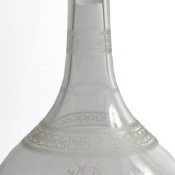 Antique Art Nouveau glass wine decanter; Czech Greek key Egyptian revival crystal with monogram