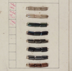 Vintage Czech 1930's sample card black lustre metallic peacock bugle faceted glass beads