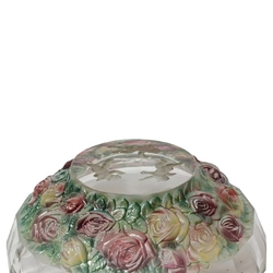 Rare intaglio rose floral and cherub glass dessert fruit bowl set designed by Adolf Beckert for Heinrich Hoffmann 1927