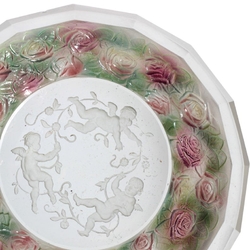 Rare intaglio rose floral and cherub glass dessert fruit bowl set designed by Adolf Beckert for Heinrich Hoffmann 1927