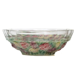 Rare intaglio rose floral and cherub glass dessert fruit bowl set designed by Adolf Beckert for Heinrich Hoffmann 1927
