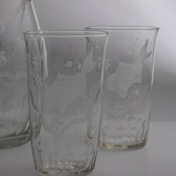 Antique Victorian Czech hand engraved flowers and fish crystal glass pitcher jug and water glass set