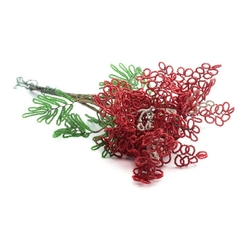 Large Antique French seed beaded red and green flower bouquet stem Czechoslovakia
