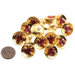 Lot (15) Czech ruby red glass rhinestone gold tone metal buttons 18mm