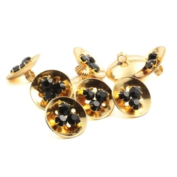 Lot (9) Czech black glass rhinestone gold tone metal buttons 18mm