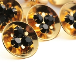 Lot (9) Czech black glass rhinestone gold tone metal buttons 18mm