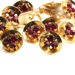 Lot (15) Czech ruby red glass rhinestone gold tone metal buttons 18mm