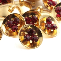 Lot (15) Czech ruby red glass rhinestone gold tone metal buttons 18mm