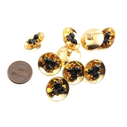 Lot (9) Czech black glass rhinestone gold tone metal buttons 18mm