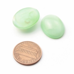 Lot (2) 20x15mm Czech vintage green satin moonglow oval domed glass cabochons 