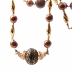 Vintage Czech fine art jewelry necklace chocolate marble flower blown gold twist Art Deco glass beads