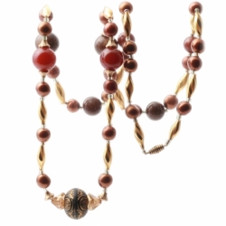 Vintage Czech fine art jewelry necklace chocolate marble flower blown gold twist Art Deco glass beads