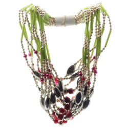 Hank (12) Art Deco 1930's vintage Czech necklaces blown silver mercury coral green satin bugle glass beads