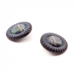 Lot (2) 23mm antique Victorian Czech iridescent metallic faux fabric black glass buttons