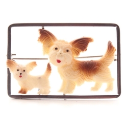 Vintage chrome mounted early celluloid Chihuahua dog and pup pin brooch