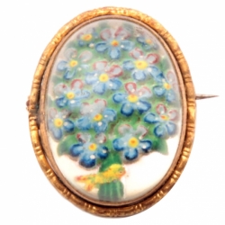 Antique Czech intaglio hand painted floral bouquet paperweight glass pin brooch