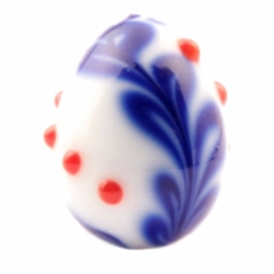Large 24mm Vintage Czech blue feather marble red dot overlay white egg lampwork glass bead